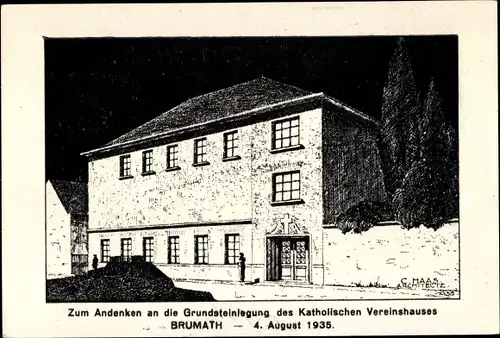 Künstler Ak Brumath Elsass Bas Rhin, Kath. Vereinshaus, Grundsteinlegung 1935