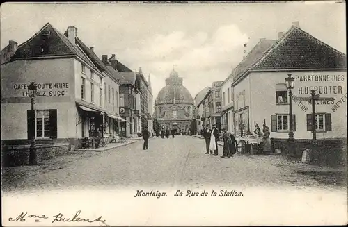 Ak Montaigu Scherpenheuvel Flämisch Brabant, La Rue de la Station, Cafe