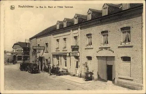Ak Neufchâteau Wallonien Luxemburg, La Rue St. Roch, Hotel Terminus, Garage