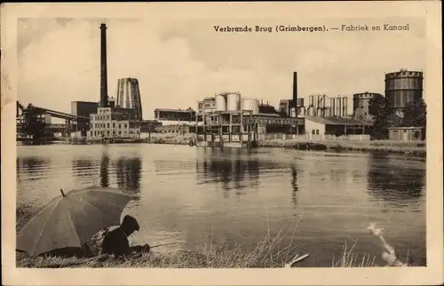Ak Grimbergen Flämisch Brabant, Verbrande Brug, Fabriek en Kanaal