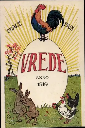 Ak Glückwunsch Ostern, Vrede Anno 1919, Hahn, Hühner, Hasen