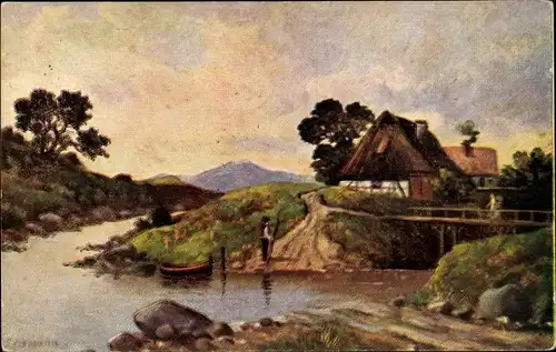 Künstler Ak Landschaft mit Fluss und Häusern