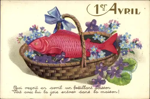 Ak 1. April, Ier Avril, Fisch in einem Korb mit Blumen, Vergissmeinnicht