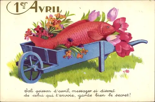 Ak 1. April, Ier Avril, Fisch in einer Schubkarre, Tulpen