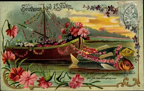 Präge Litho 1. April, Ier Avril, Fische ziehen ein Boot mit Blumen