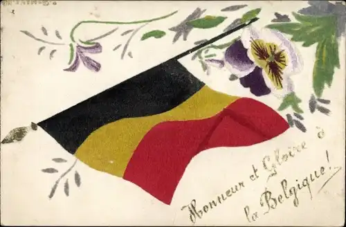 Künstler Ak Honneur et Gloire a la Belgique, Landesflagge, Stiefmütterchen