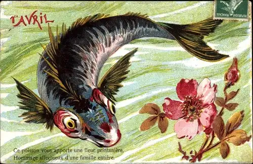 Präge Ak 1. April, Ier Avril, Ansicht eines Fisches mit Blume