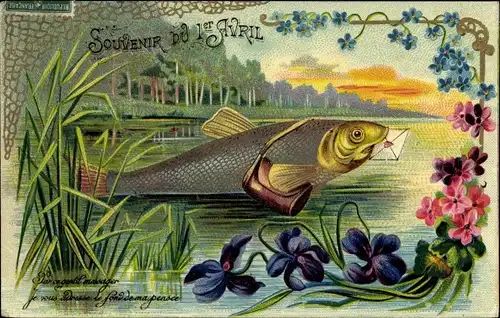 Präge Ak 1.April, Ier Avril, Blumen, Fisch mit Umschlag, Souvenir