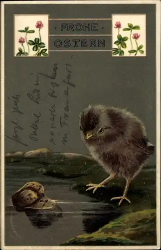 Präge Litho Glückwunsch Ostern, Schwarzes Küken, Kleeblätter