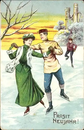 Ak Glückwunsch Neujahr, Eisläufer, Liebespaar