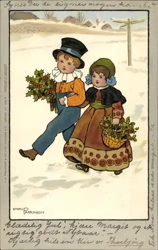 Künstler Litho Parkinson, Ethel, Junge und Mädchen mit Stechpalmenzweigen