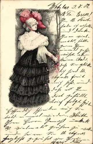 Litho Frau in schwarz weißem Kleid mit Hut