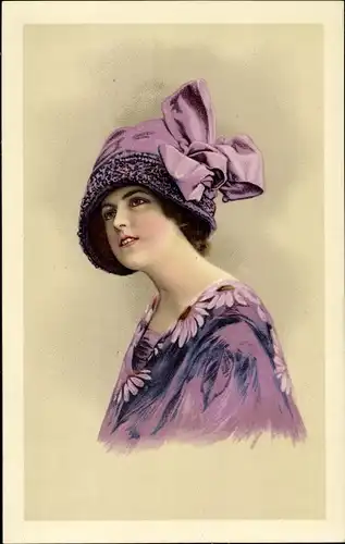 Ak Portrait einer Frau in lila Kleid mit Hut