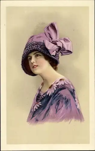 Ak Portrait einer Frau in lila Kleid mit Hut