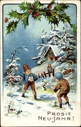 Präge Litho Glückwunsch Neujahr, Kinder bei einer Schneeballschlacht, Stechpalmenzweige