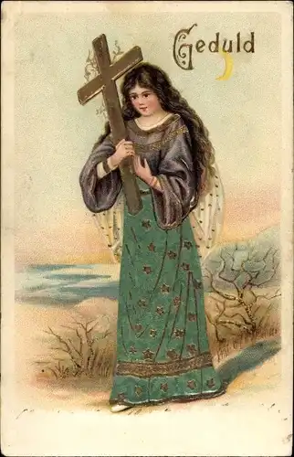 Präge Litho Geduld, Allegorie, Frau mit Kreuz