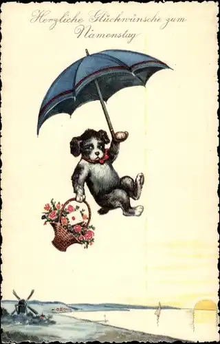 Ak Glückwunsch Namenstag, Hund fliegt mit Regenschirm
