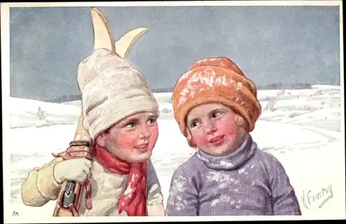 Künstler Ak Feiertag, K., Kinder, Ski, Winter, Mütze