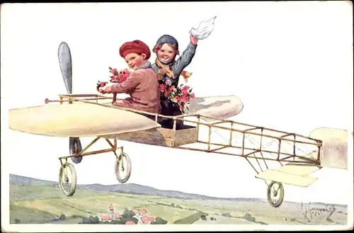 Künstler Ak Feiertag, K., Kinder im Flugzeug, Blumen, Abschied, Tuch