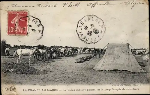Ak Casablanca Marokko, Le Ballon militaire planant sur le camp Francais