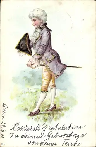 Präge Litho Eleganter Junge, Dreispitz, Perücke