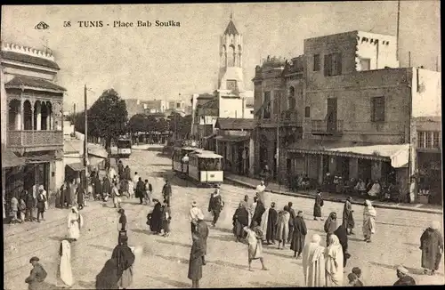 Ak Tunis Tunesien, Place Bab Souika, Straßenbahn