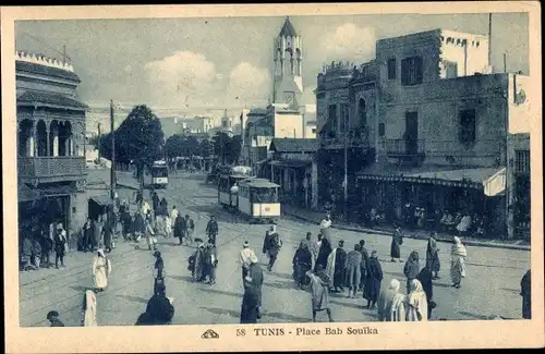 Ak Tunis Tunesien, Place Bab Souika, Straßenbahn