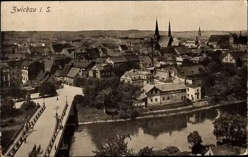 Ak Zwickau in Sachsen, Panorama, Brücke, Kirche