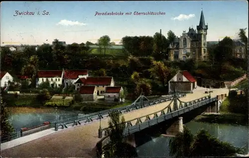 Ak Zwickau in Sachsen, Paradiesbrücke mit Ebertschlösschen