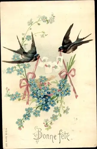 Litho Glückwunsch, Bonne Fete, Schwalben, Vergissmeinnicht, Briefe