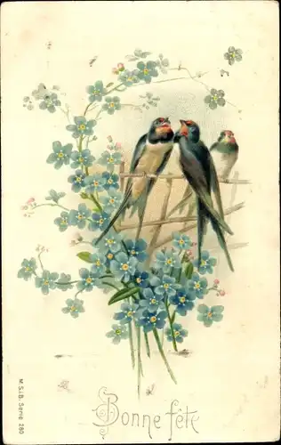 Präge Litho Glückwunsch, Bonne Fete, Schwalben, Vergissmeinnicht
