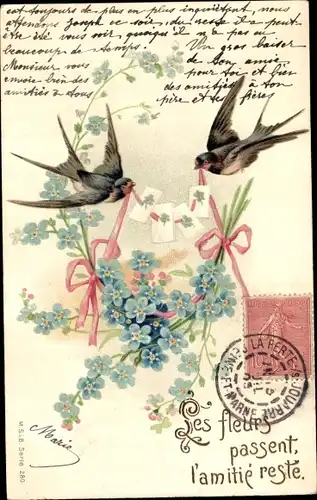 Präge Ak Schwalben, Vergissmeinnicht, Briefe, Schleifen