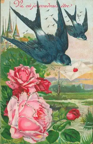 Glitzer Ak Schwalbe mit Brief im Schnabel, Rosen