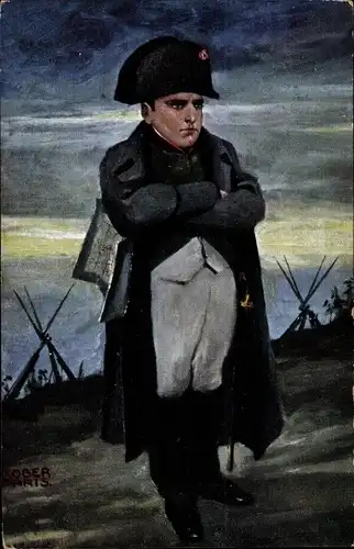 Künstler Ak Barts, Napoleon Bonaparte, Uniform, Hut, Mantel, Schlachtfeld