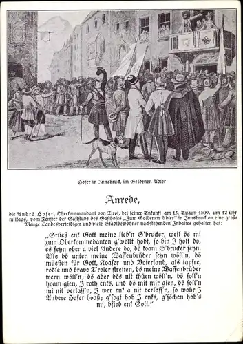 Künstler Ak Innsbruck in Tirol, Hofer in Innsburck, im Gasthof zum goldenen Adler, Anrede