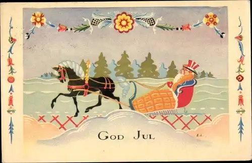 Künstler Ak God Jul, Frohe Weihnachten, Schlittengespann, Pferdeschlitten