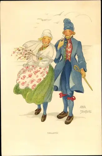 Künstler Ak Stenberg, Aina, Halland Schweden, Paar in Tracht