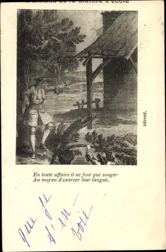 Ak En toute affaire il ne font que songer au moyen d'exercer leur langue, Fable Jean de La Fontaine