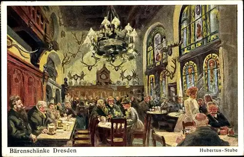 Künstler Ak Dresden, Bärenschänke, Blick in die Hubertus Stube, Hirschgeweihe