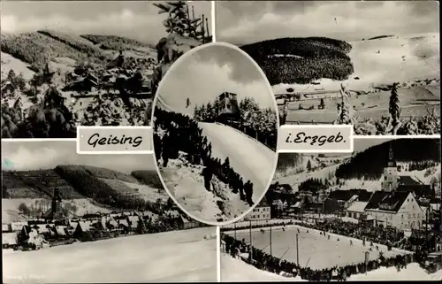 Ak Geising Altenberg Erzgebirge, Winteransichten, Kirche, Eis-Stadion, Sprungschanze