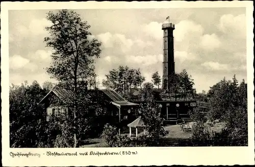 Ak Geising Altenberg im Erzgebirge, Geisingberg, Restaurant mit Turm, Fahne