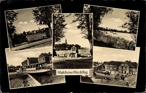 Ak Malchow in Mecklenburg, Teilansichten, Gedenkstein, Hafen, Dampfer