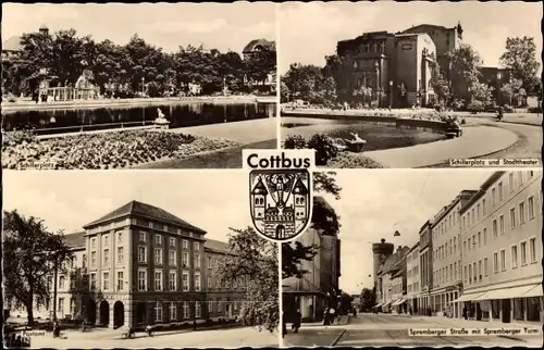 Ak Cottbus in der Niederlausitz, Spremberger Straße, Spremberger Turm, Postamt, Schillerplatz