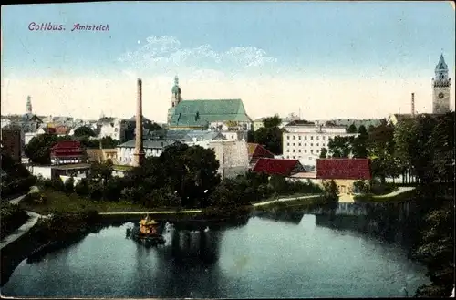 Ak Cottbus in der Niederlausitz, Amtsteich, Kirchturm