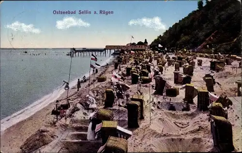 Ak Ostseebad Sellin auf Rügen, Strandpartie, Strandkörbe