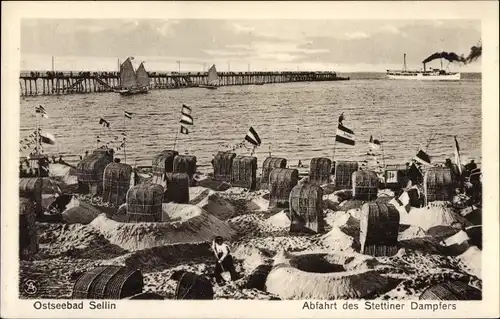 Ak Ostseebad Sellin auf Rügen, Abfahrt des Stettiner Dampfers, Strandkörbe