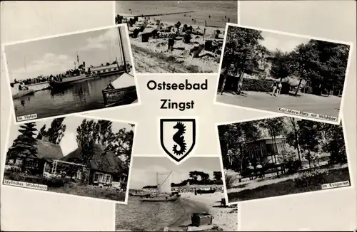 Ak Ostseebad Zingst, Hafen, Karl-Marx-Platz mit Milchbar, Kurgarten, Wohnhaus, Wappen