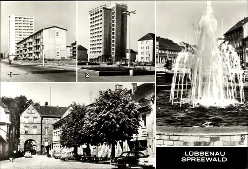 Ak Lübbenau im Spreewald, Straße der Jugend, Roter Platz, Topfmarkt, Springbrunnen an der Hauptstr.