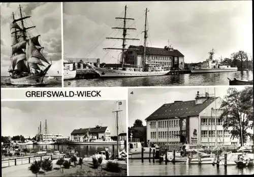Ak Wieck Greifswald, Segelschulschiff Wilhelm Pieck, Hafen, Marineschule der GST August Lütgens