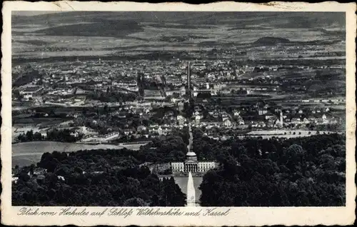 Ak Kassel in Hessen, Blick vom Herkules auf Schloss Wilhelmshöhe und Kassel